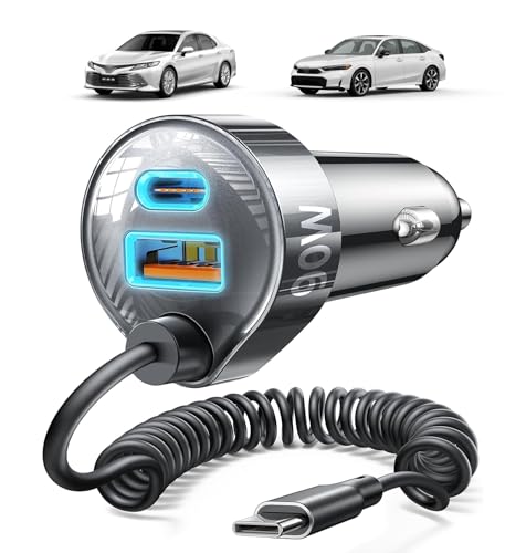 LISEN 90W Cigarette Lighter USB Charger【3.3ft for Tidy Space】,Super Fast USB C Car Charger with 45W Super Fast Charging Coild Cable Fit iPhone 17 16 15 Air Pro Max Plus,Samsung Galaxy S25/24,Android
