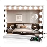 Kiwixmoon Vanity Mirror with Lights Large, Lighted Makeup Mirror with 10X Magnification, 18 Dimmable Bulbs, 3 Color Lights, USB/Type-C Charging, Metal Frame, Gifts for Women, White (32' W x 24' H)