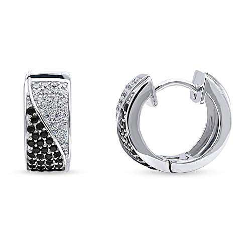 BERRICLE Rhodium Plated Sterling Silver Cubic Zirconia CZ Black and White Small Fashion Hoop Huggie Earrings 0.58