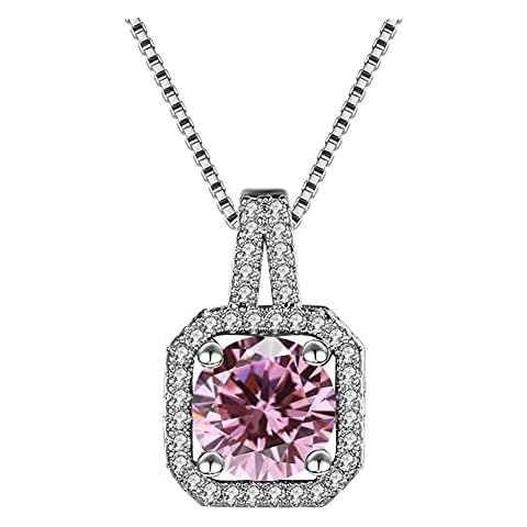 ADKOMN 14k White Gold Plated Round Cut 1 Carat Gemstone Pink Green White Cubic Zirconia Diamond Square Pendant Necklace 1CT-Pink Cover