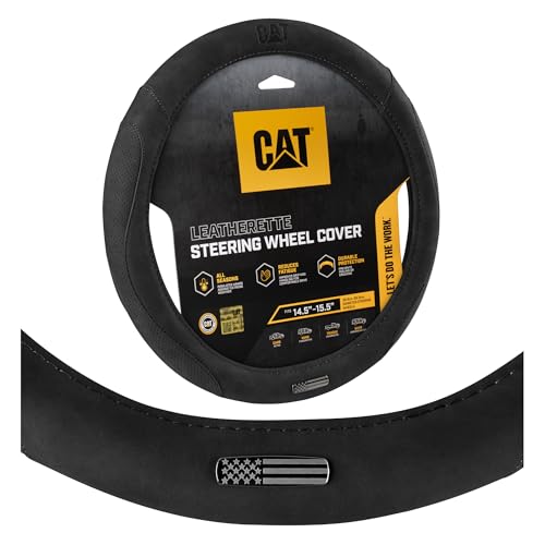 Cat US Flag Leather Steering Wheel Cover w Metal Flag Emblem Black Leatherette Standard 14.515.5 Inch Non Slip Comfort Car Steering Wheel Cover for Truck SUV Auto American Flag Car Accessories