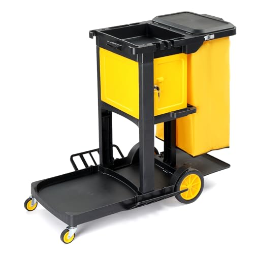 TUFFIOM Janitorial Cart with Key-Locking Cabinet, 3-Shelf Commercial Cleaning Cart, Housekeeping...