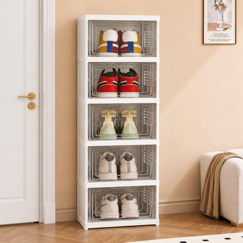 Image of JD FRESH 5 Tier Plastic Shoe Storage Organizer /Foldable Shoe Storage Box with Door /Breathable Multi-Layer Shoe Holder /Space Saving and Installation Free Shoe Storage Rack for Heels, Boots & Sneakers