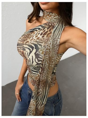 Image of RoseSeek Women's Y2K Leopard Polka Dots Halter Asymmetrical Neck Crop Tops