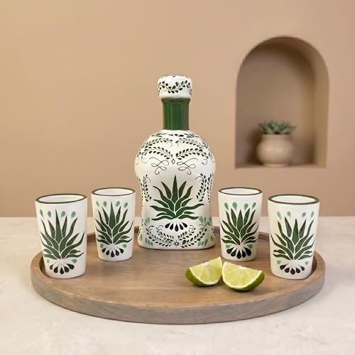 VILLA 318 Tequila Decanter Set with 4 Shot Glasses Handmade in Mexico