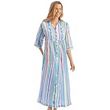 Collections Etc Women's Pastel Striped Lounger with Zip Front and 3/4' Long Sleeves, Large Multicolored