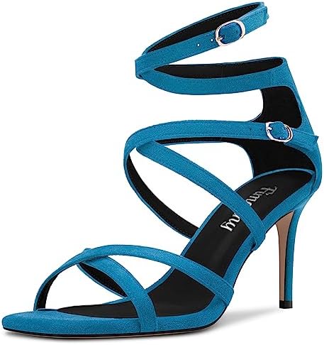 Fimanny Womens Mid Heel Open Toe Cross-Strap Gladiator Sandals Buckle Shoes Wedding Prom Summer 3.2 Inches Heels Blue 11 M US
