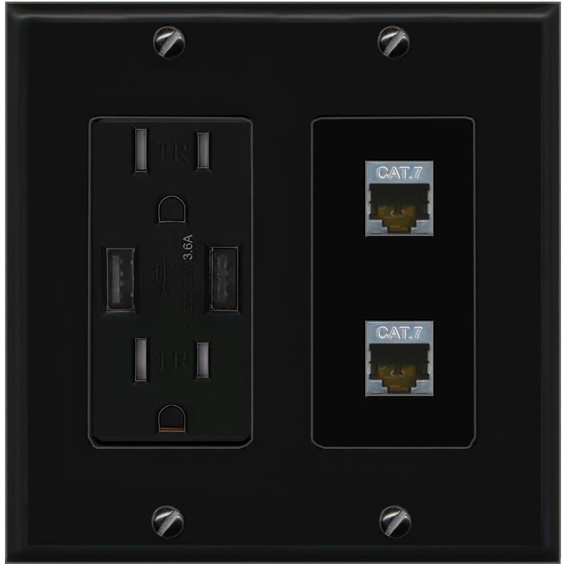 RiteAV 2 Port Cat7 Shielded Ethernet Wall Plate - USB Outlet [Screwless White]