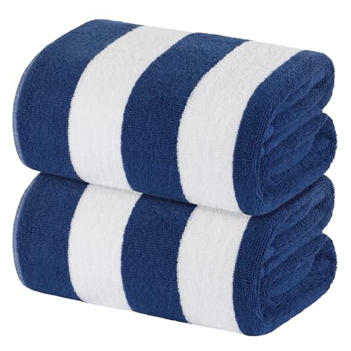 white classic stripe cabana beach towels oversized 2 pack, cotton bath towel large - luxury plush thick hotel swim pool towels for adults super absorbent quick dry - 35x70 mild navy blue | 2 pack
