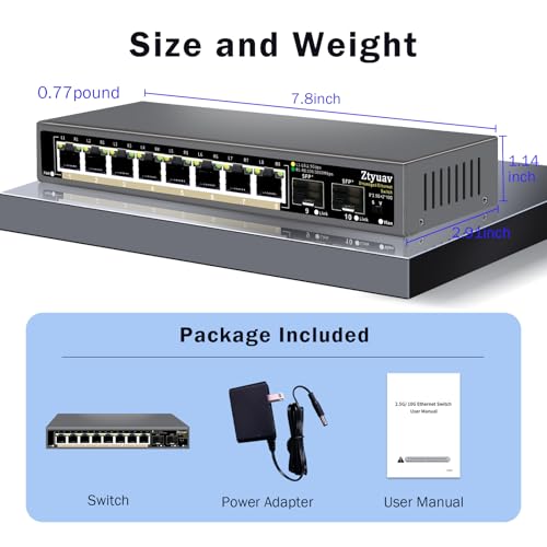 Image of 10 Port Unmanaged 2.5G Ethernet Switch with 8 x 2.5G RJ-45 Ports, 2 x 10G SFP+ Ports, Ports Speed Auto-Negotiation-100 /1000 /2500Mbps, One-Key VLAN, Fanless Metal Design, Plug & Play