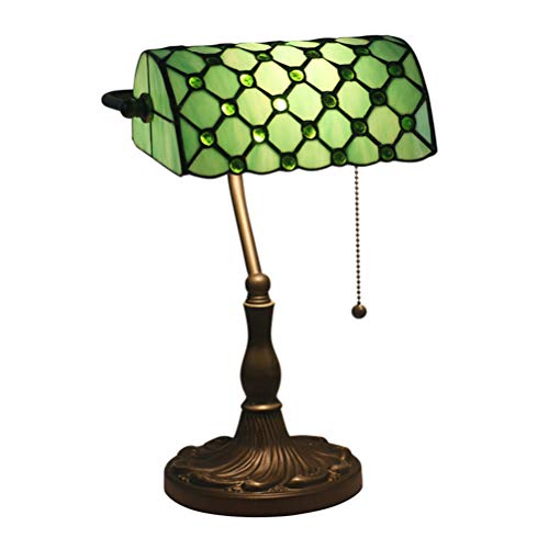 Jiahe Lampada da Tavolo retrò Scrivania Stile Tiffany Base in Zinco Antico Perline Verdi Luci Decorative da Tavolo con Interruttore a Tirante per tavolino Soggiorno Camera da Letto Verde