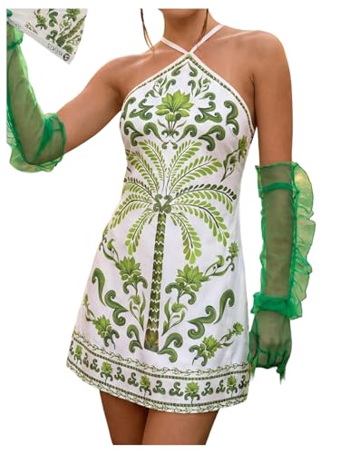 MakeMeChic Women's Halter Dresses Summer Beach Backless Tropical Vacation Caribbean Outfits Boho Mini Dresses Green Medium