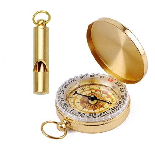 FUTURESTEPS Brass Compass - Includes Solid Brass Whistle - New Version - Survival Set - 105 Decibels - Survival Kit - Solid Brass Compass - Carry in Pocket or on Necklace - Two Pieces