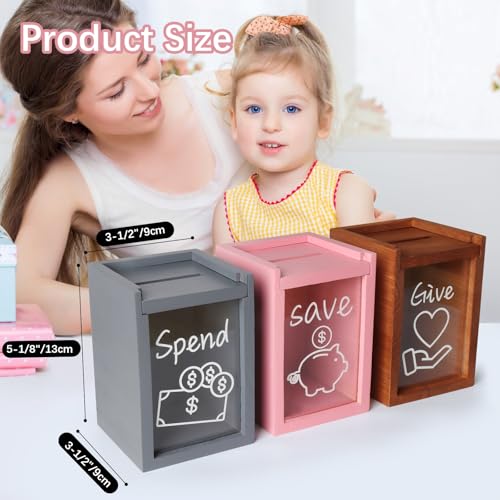 Mczxon Spend Save Give Piggy Bank for Kids, Wooden Money Saving Jar Money Bank Box Container, Teach Children Financial Skills Clear Money Coin Change Bank Jar Container Penny Piggy Bank Jar for Kids