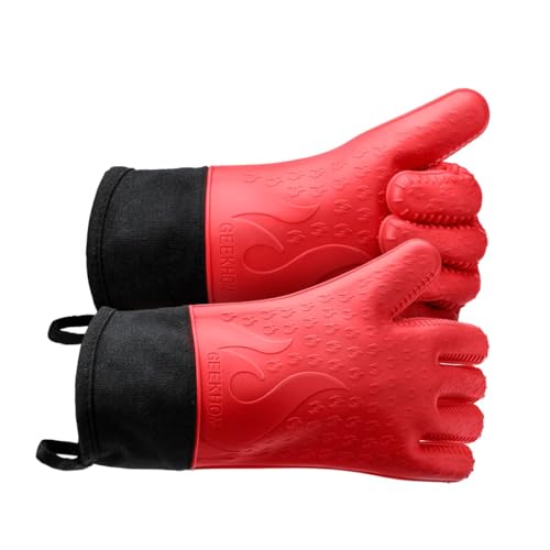 Image of GEEKHOM Silicone Grilling Gloves, Heat Resistant Oven Mitts, BBQ Gloves, Waterproof Non-Slip for Barbecue, Cooking, Baking, Fryer, Red
