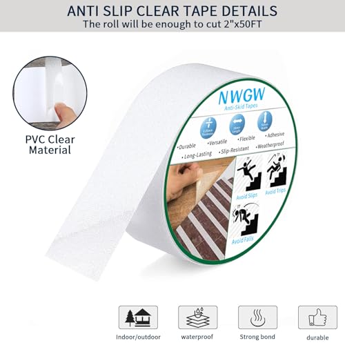 Image of Clear Anti Slip Tape for Stairs & Bathtubs, 2 inch x50FT Non-Skid Transparent Grip Tape - Soft PVC Safety Traction for Bare Feet, Pool Decks, Boats, Shower Floors