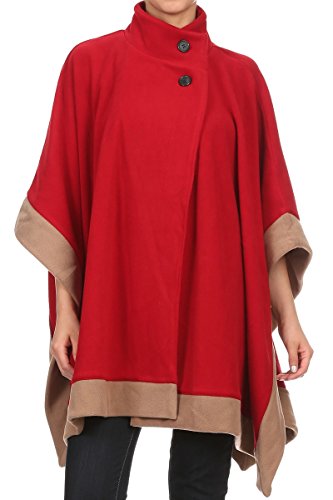 LL Womens Red Camel Trimmed Open Front Button Poncho Fleece