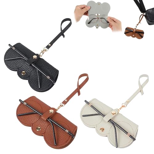 3 Pcs Soft Leather Sunglasses Bag Soft Leather Sunglasses Bag with Strap Portable Glasses Case Holder Sunglasses Pouch with Wrist Strap Slim Sunglasses Case for Men Women (Black+Brown+Gray)