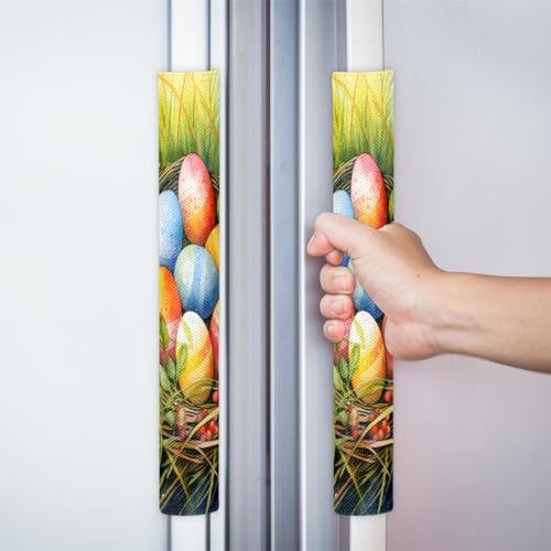 Image of Pardick Refrigerator Door Handle Covers Set of 2 Easter Colorful Egg Grass Washable Fridge Dishwasher Mocrowave Oven Door Decor Protector Handle Cover Keep Your Kitchen Appliance Clean