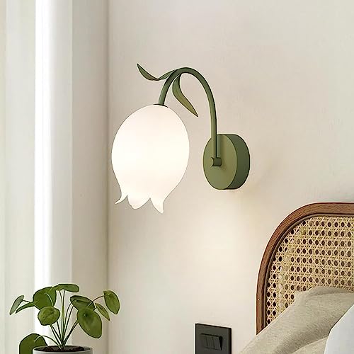Applique da Parete in Stile Country Francese con Fiori in Vetro Bianco per Camera da Letto delle Ragazze, Illuminazione da Parete Moderna nordica Verde, Lampada da Parete a LED Dim