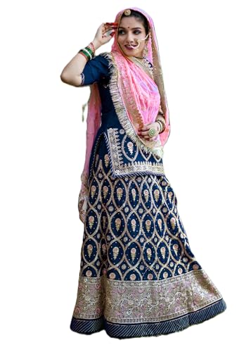 Image of Heavy Embroidery Work Semi Stitched Shimmer Silk Rajputi Poshak For Women Rajasthani Lehenga Choli