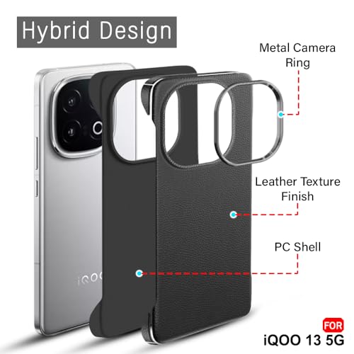 Image of TheGiftKart Hybrid Ultimate Slim Back Case Cover for iQOO 13 5G | Lightweight Profile | Hard Back Case Cover for iQOO 13 5G (PC & TPU, Metal Camera Ring, Leather Texture Finish, Black)