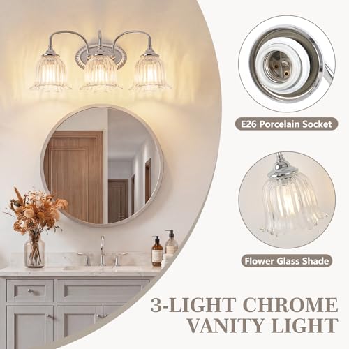Image of Chrome 3-Light Bathroom Light Fixtures with Floral Glass Shade