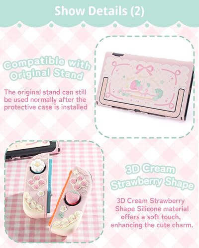 GeekShare Soft Silicone Protective Case Compatible with Switch 2 Anti-Scratch Cover Case Compatible with Switch 2 Separable Protective Shell with 2 Thumb Grip Caps - Strawberries with Cream（Pink） - Image 3