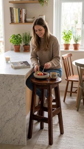 Image of KAIDO Wooden Bar Stool, 35.5 cm Round Top, 72 cm Height, Dark Brown