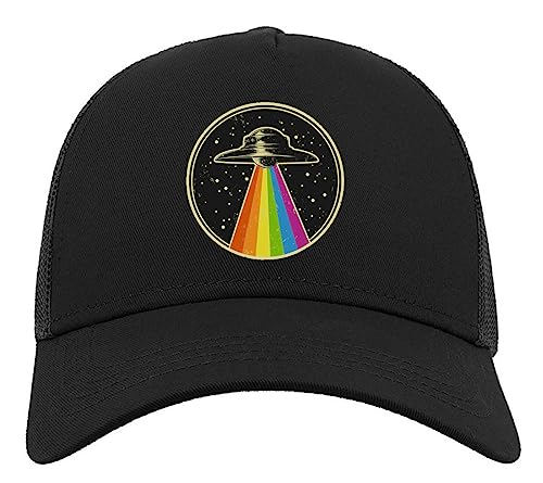 UFO Alien Space Ship Rainbow Art Halbmaschige Trucker-Cap-Baseballmütze aus Baumwolle Schwarz