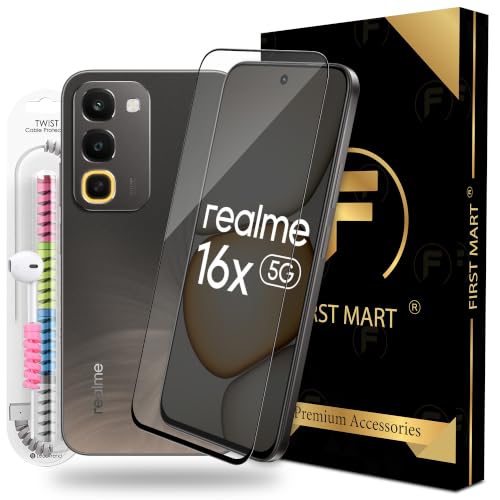 Image of FIRST MART Tempered Glass for Realme 16x, 9H 0.3 mm Full-Glue Screen Protector with Cable Protector, 3D Edge-to-Edge, HD Clear, Case-Friendly, Black, Pack of 1