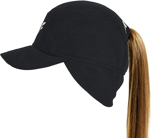 Sombrero de invierno atlético para mujer con agujero para cola de caballo, gorro de forro polar para correr para mujer