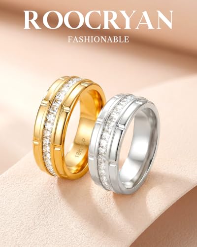 Image of 8mm Mens Gold Wedding Band with Cubic Zirconia Silver Eternity Ring CZ Inlaid 18K Gold Plated Stainless Steel Rings for Men, Rings Size 5-12