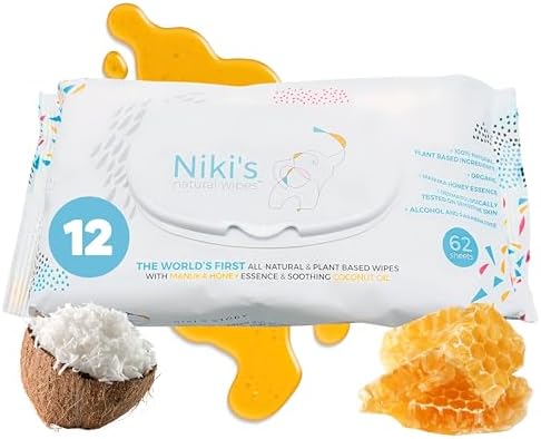 Niki’s Natural Baby Wipes | Organic Baby Wipes Sensitive | Made with Manuka Honey and Coconut Oil, Unscented | EWG Verified | 744 Wipes (12 Pack x 62 Count Wipes) Baby Wipes Bulk