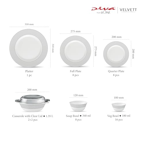 Image of La Opala Diva Velvett Collection Opal Glass Crockery | for Family of 8 | Dinner Set 45 pcs Imperial Grey | Plates & Bowls for Dining | Microwave Safe | 100% Vegetarian | Extra Strong | Light & White
