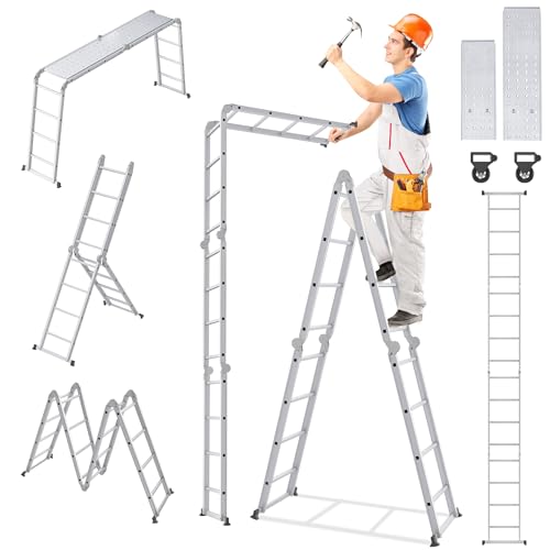 SAILUN Multi-Purpose Ladder, 6-in-1 Folding Adjustable Ladder, Work Platform with 2 Scaffold Plates, 150kg Capacity, Anti-Slip Feet, for Home, Office, 4 x 4 Steps
