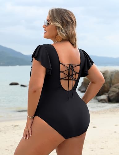 Blooming Jelly Womens Tummy Control Bathing Suit One Piece Plus Size Swimsuits Lace Up Back Ruffle Swim Suits 20252