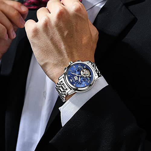 Olevs Watches Mens Automatic Luxury Dress Skeleton Wrist Watches Self Winding Tourbillon Blue Stainless Steel Waterproof Date Watch Gifts #TOP2