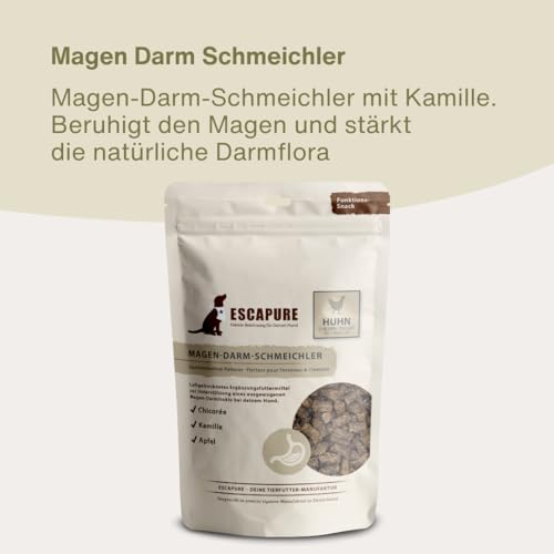 ESCAPURE Magen Darm Schmeichler - Natürlicher Hähnchenfleisch Snack mit Kamille & Apfel für Hunde – Premium Protein Leckerli für eine gesunde Darmflora - Beruhigt den Magen Darm Trakt (150g)