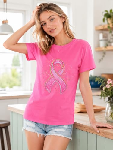 Image of Breast Cancer Shirts for Women Pink Ribbon Shirt Breast Cancer Survivor Tee | Pink Breast Cancer Shirt In October We Wear Pink Tee Breast Cancer Awareness Shirts Halloween Ghost Graphic Short Sleeve Top