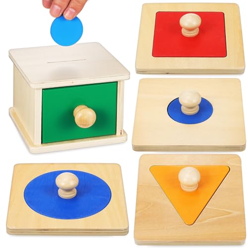 NUOLUX 2セット 木製コインボックス付き幾何学形状パズル 幼児向け色認識と手指運動発達支援 知育積み木 教育用 おもちゃ