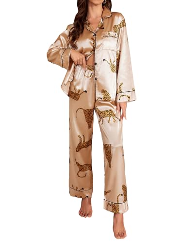 SOLY HUX Women's Leopard Print Silk Satin Pajama Set Long Sleeve Button Down Shirt Pj Set 2 Piece Sleepwear