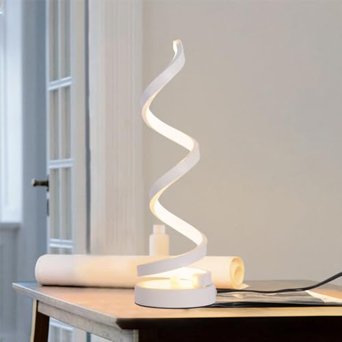 Lampada da Tavolo a Spirale LED Lampada da Comodino in metallo, Luce Notturna Minimalista Lampada da Scrivania Con interruttore Curva Per Cameretta Camera da Letto Studio Salotto,Soggiorno (bianco)