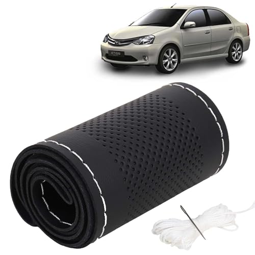 Image of KINGSWAY PU Leatherite Car Steering Cover Sewable Compatible with Toyota Etios (Year 2010 Onwards), Black Color with Silver Thread, Pack of 1 with Sewing Needle and Thread