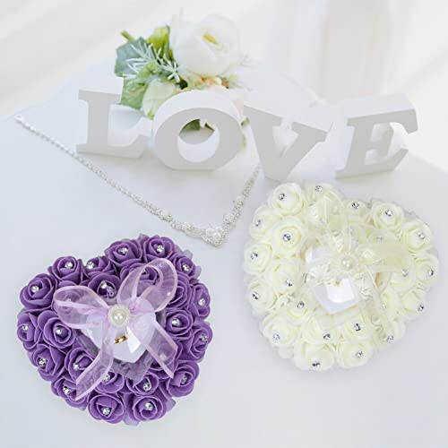 Eforcase Wedding Ring Pillow, Heart Shape Ring Box with Lace Pearl Rhinestone Bridal Ring Holder Cushion Roses Ring Holder for Ring Bearer Wedding Ceremony