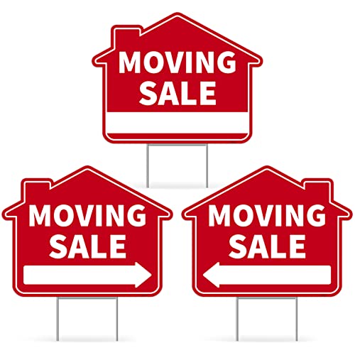 3PC Moving Sale Yard Sign with Stake 17 Inches by 13 Inches - Double Sided Signs - Corrugated Plastic
