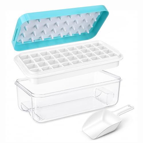 Image of Compact Ice Tray with Scoop & Bin – 32-Cube Single Layer Mold with Lid – Patented Press-Release Design US D1,006,068, BPA-Free, No-Spill, Easy Storage – Ideal for RV, Dorm, Small Freezers