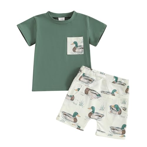 Image of Arvbitana Toddler Baby Boy Hunting Outfit Summer Short Sleeve Mallard Duck T-shirt Checkered Plaid Shorts Two Piece Clothes