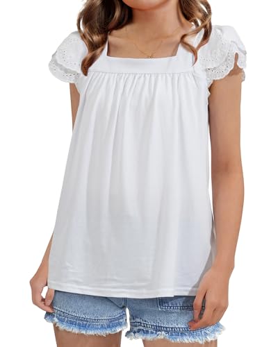 KEREDA Girls Short Sleeve Shirts Summer Tunic Tops Lace Openwork Ruffled Girls Cute Square Neck Clothes Blouse 5-14 Years3
