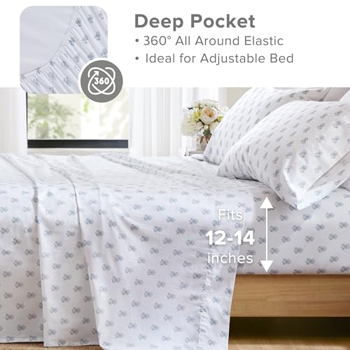 Comfort Spaces 100% Cotton Sheets Twin, Breathable, Naturally Cool Cotton Sheets, Soft Cotton Bed Sheets with 12" Elastic Pocket Fits up to 14" Mattress, All Seasons Sheet Set, Floral Blue 3 Piece